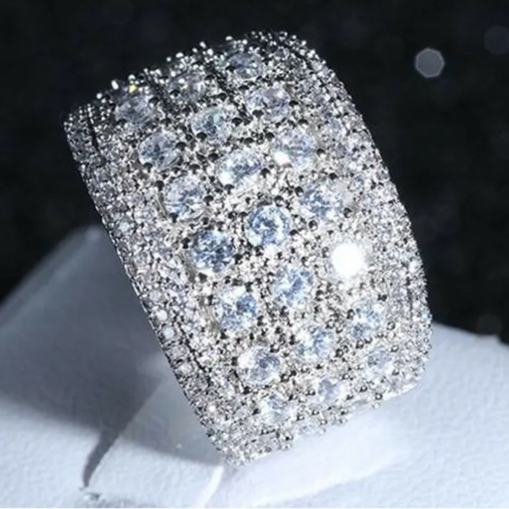 Sterling Silver Pave Multi-Row Cubic Zirconia Wide Band Ring - White